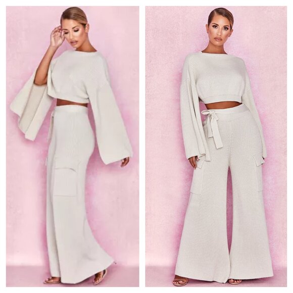 House Of CB Mckenzie Ribbed Wide Leg Utility Trousers M Oatmeal/Khaki/Natural - Picture 1 of 16